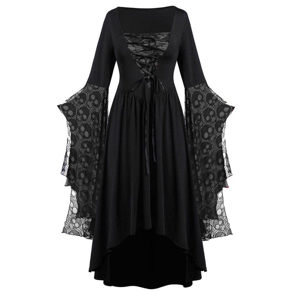 tuduoms Women's Renaissance Gothic Dress Lace Up Butterfly Sleeve A-line High Low Dress Maxi Skull Dress Halloween Costumes Black