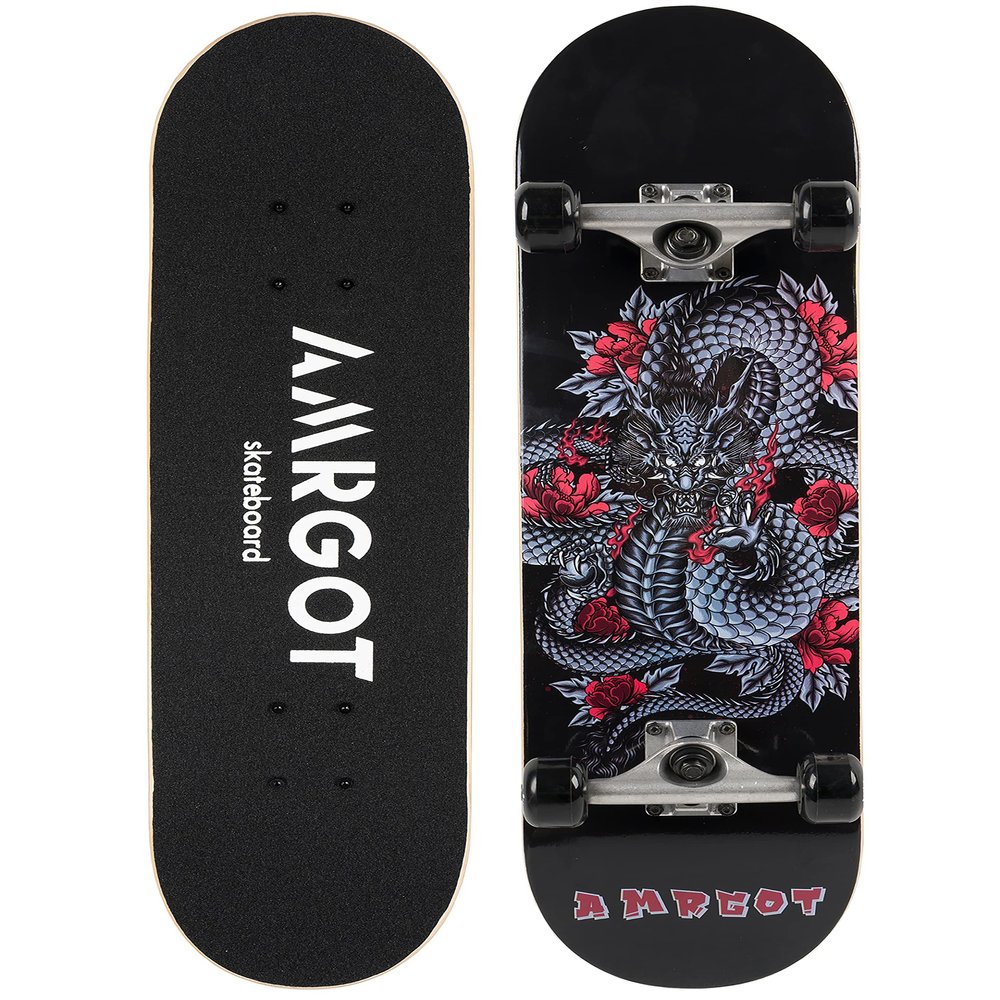 Amrgot Skateboards for Beginners,31 * 8 inches Complete Skateboards for Kids,Boys,Girls and Adults,7 Layer Maple Wood,Double Kick Deck Concave Standard and Tricks Skateboard (Dragon)
