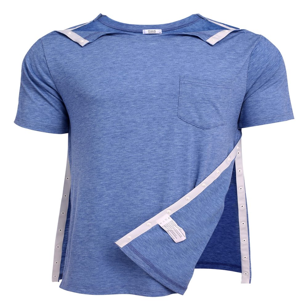 Deyeek Men's Post Shoulder Surgery Shirts Recovery Tear Away Short Sleeve Full Open Side Snap Dialysis Chemo Clothing