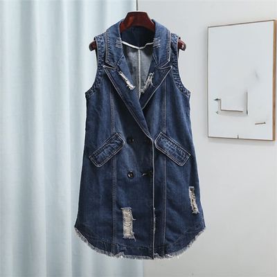 QIUFEN Ladies Denim Sleeveless Jacket - Chic Fashion Lapel Pocket Design Denim Outwear,Vintage Large Size Sleeveless Elastic Hole Womens Medium and Long Jacket,Autumn Slim Long Coat Female,Blue,XXL