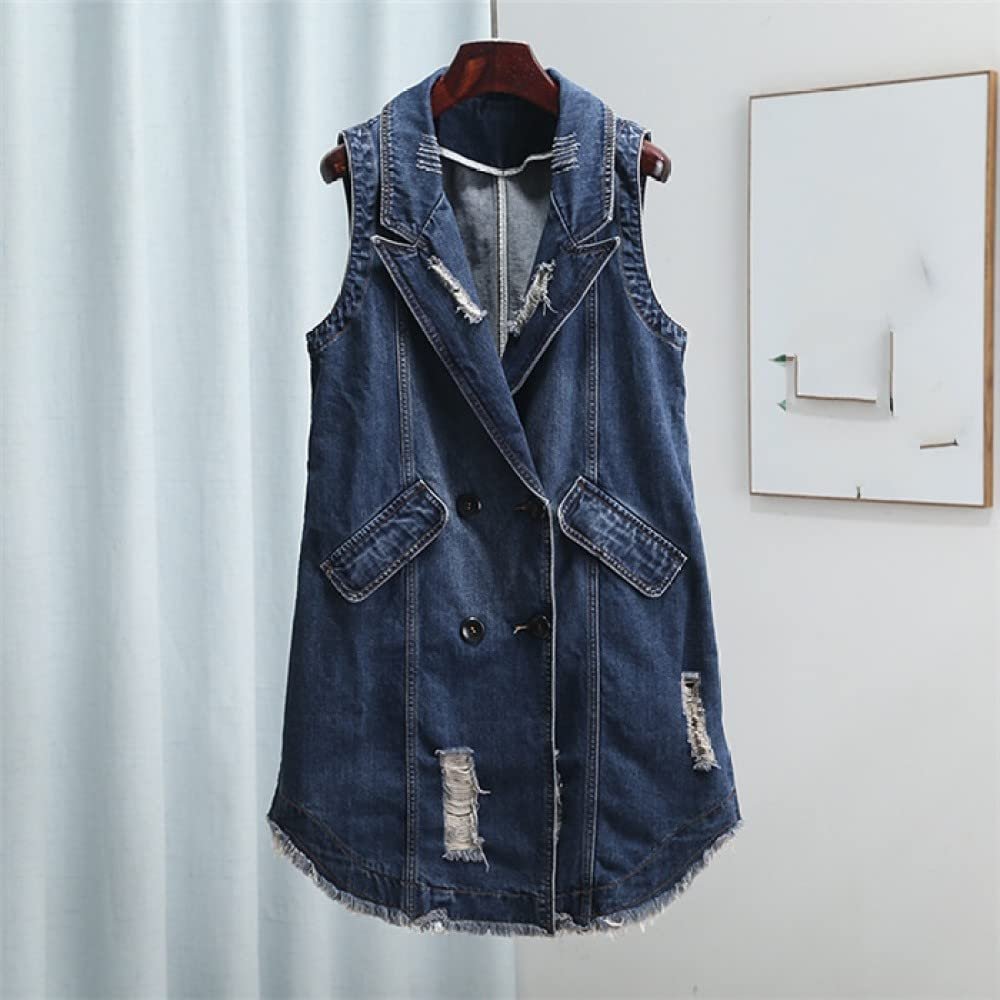 QIUFEN Ladies Denim Sleeveless Jacket - Chic Fashion Lapel Pocket Design Denim Outwear,Vintage Large Size Sleeveless Elastic Hole Womens Medium and Long Jacket,Autumn Slim Long Coat Female,Blue,XXL