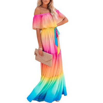 ACOSAP Women's Mexican Dress Summer Floral Print Off The Shoulder Sleeveless Beach Long Maxi Dress
