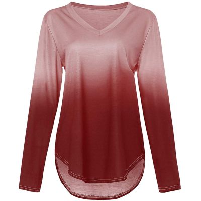 PBNBP Summer Fall Trendy Blouse for Women Printed Regular Sleeve Crew Neck Long Sleeve Tops Ombre Loose Fit Daily Shirts Blusas