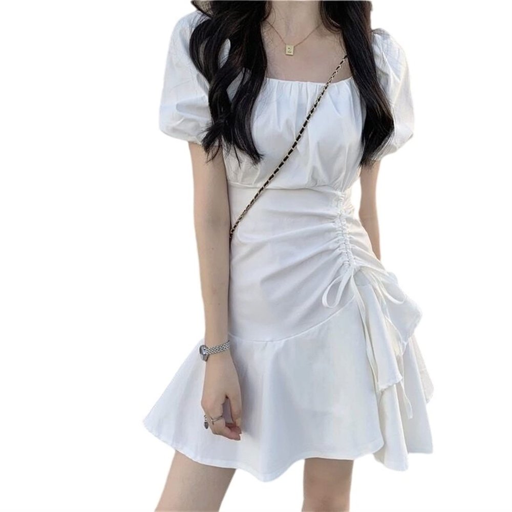 Mluvpxey Lolita Gothic Dress Women's Summer French Short Skirt with Puff Sleeves White Dress (Color : White, Size : X-Large)