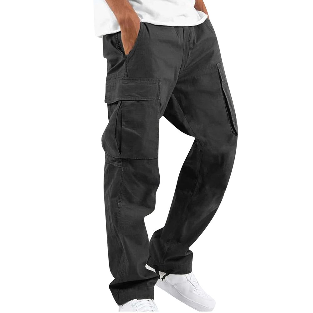 Cotton Cargo Trousers for Men,Solid Elastic Waist Straight Leg Slacks Slim Fit Bottoms Drawstring Pants for Men,Sweatpants Work Pants Compression Pants Hiking Pants Mens(Black,Small)