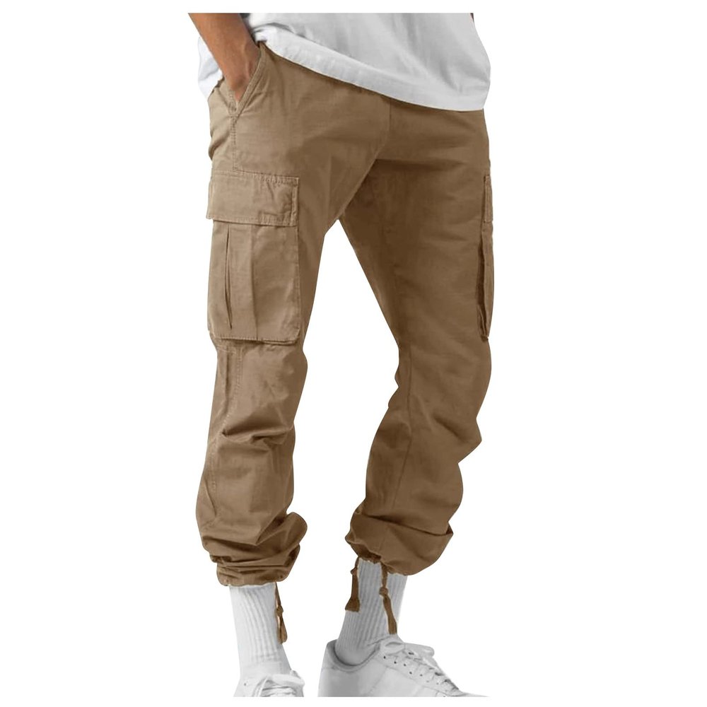 Cotton Cargo Trousers for Men,Solid Elastic Waist Straight Leg Slacks Slim Fit Bottoms Drawstring Pants for Men,Sweatpants Work Pants Compression Pants Hiking Pants Mens(Khaki,Medium)