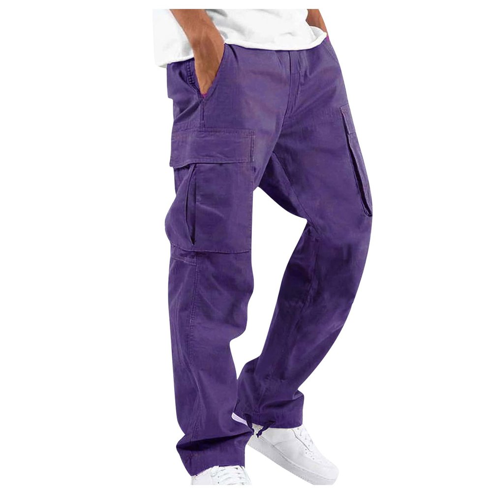 Cotton Cargo Trousers for Men,Solid Elastic Waist Straight Leg Slacks Slim Fit Bottoms Drawstring Pants for Men,Sweatpants Work Pants Compression Pants Hiking Pants Mens(Purple,Small)