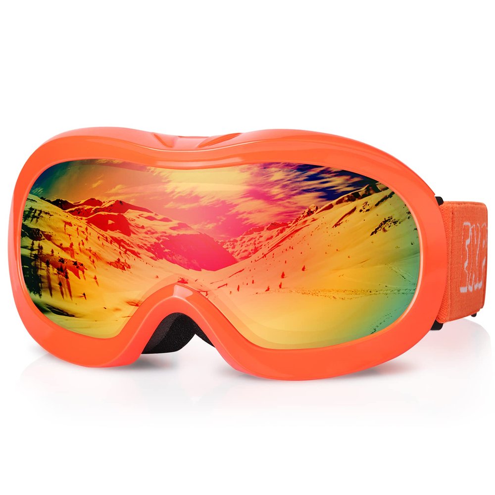 EXP VISION Kids Ski Goggles Anti-Fog Over Glasses Child Snowboard Goggles with UV Protection, Double-Layer Lenses Snow Goggles for Boys Girl Youth (Orange Frame/Red Lens)