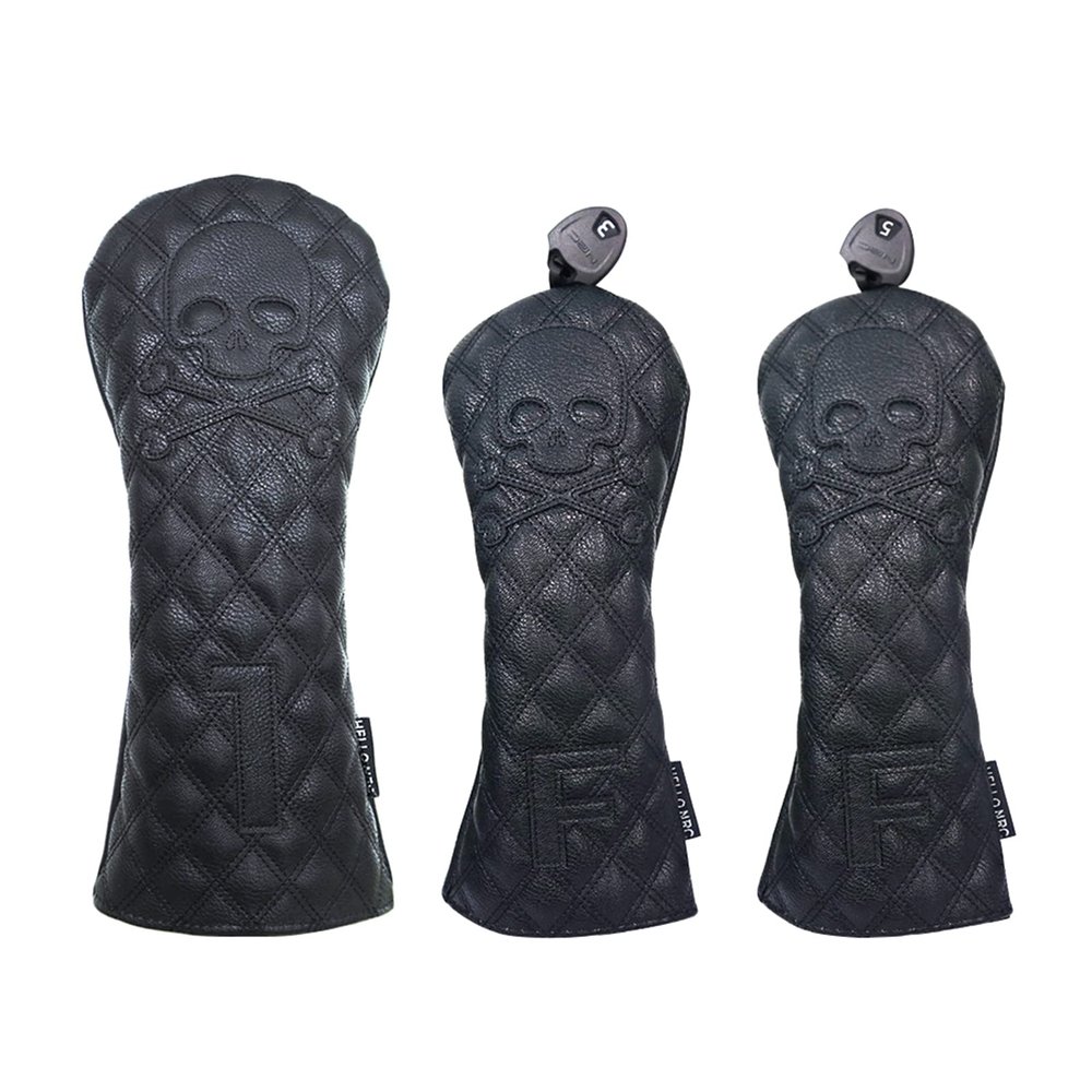 FUUBAMB00 3/4Pcs Golf Club Cover for Driver Fairway Hybrid Waterproof Diamond Lattice Skull Protector Set PU Leather Soft Durable Golf Head Covers,Black,3PCs