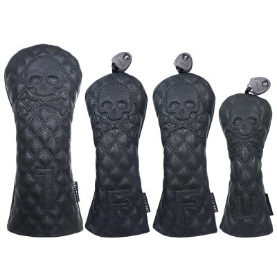 FUUBAMB00 3/4Pcs Golf Club Cover for Driver Fairway Hybrid Waterproof Diamond Lattice Skull Protector Set PU Leather Soft Durable Golf Head Covers,Black,4PCs
