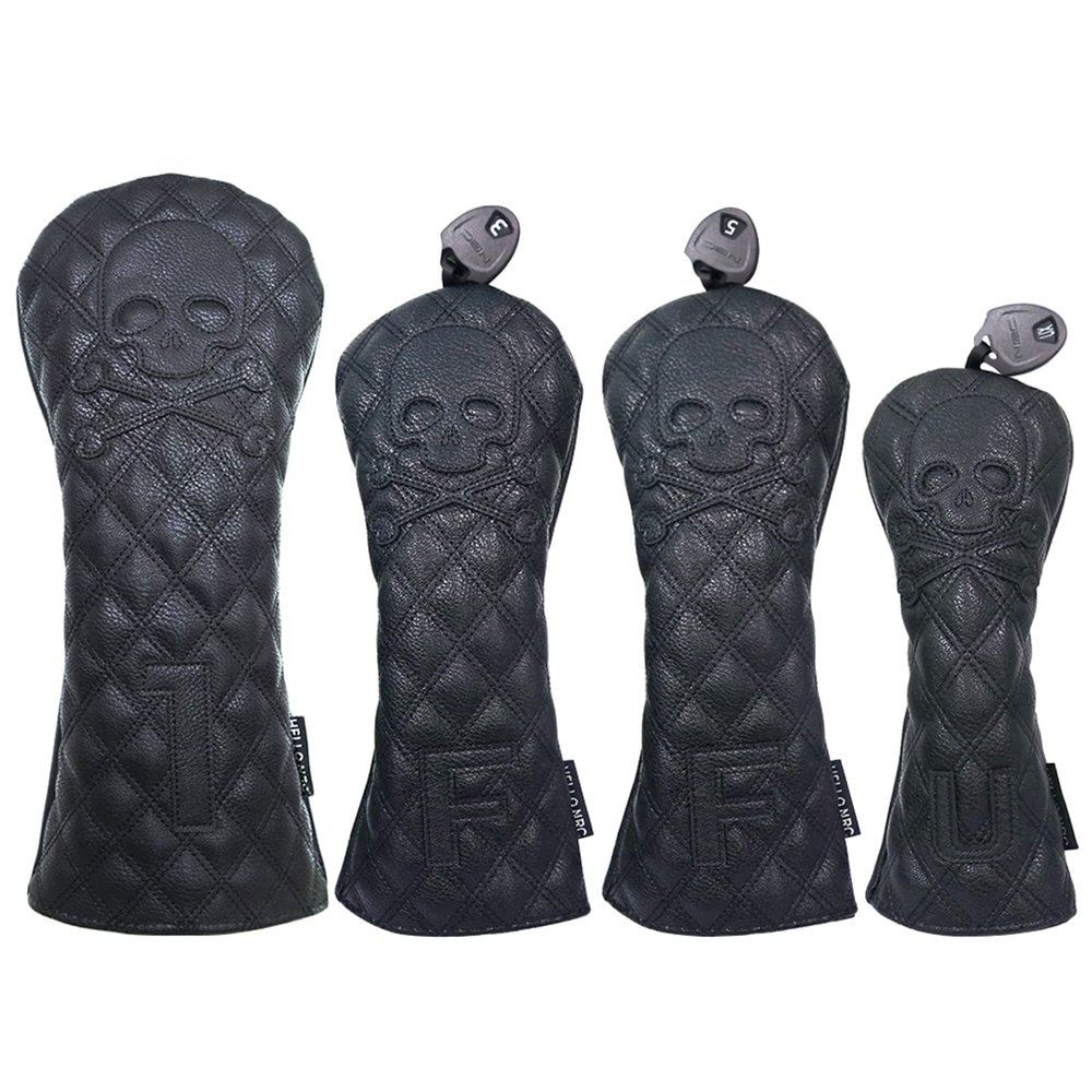 FUUBAMB00 3/4Pcs Golf Club Cover for Driver Fairway Hybrid Waterproof Diamond Lattice Skull Protector Set PU Leather Soft Durable Golf Head Covers,Black,4PCs