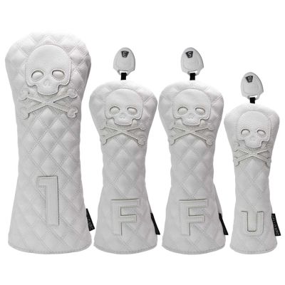 FUUBAMB00 3/4Pcs Golf Club Cover for Driver Fairway Hybrid Waterproof Diamond Lattice Skull Protector Set PU Leather Soft Durable Golf Head Covers,White,4PCs