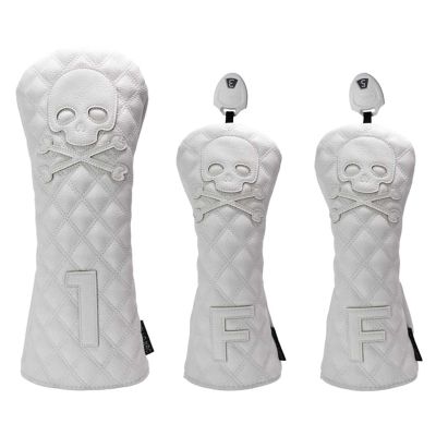 FUUBAMB00 3/4Pcs Golf Club Cover for Driver Fairway Hybrid Waterproof Diamond Lattice Skull Protector Set PU Leather Soft Durable Golf Head Covers,White,3PCs