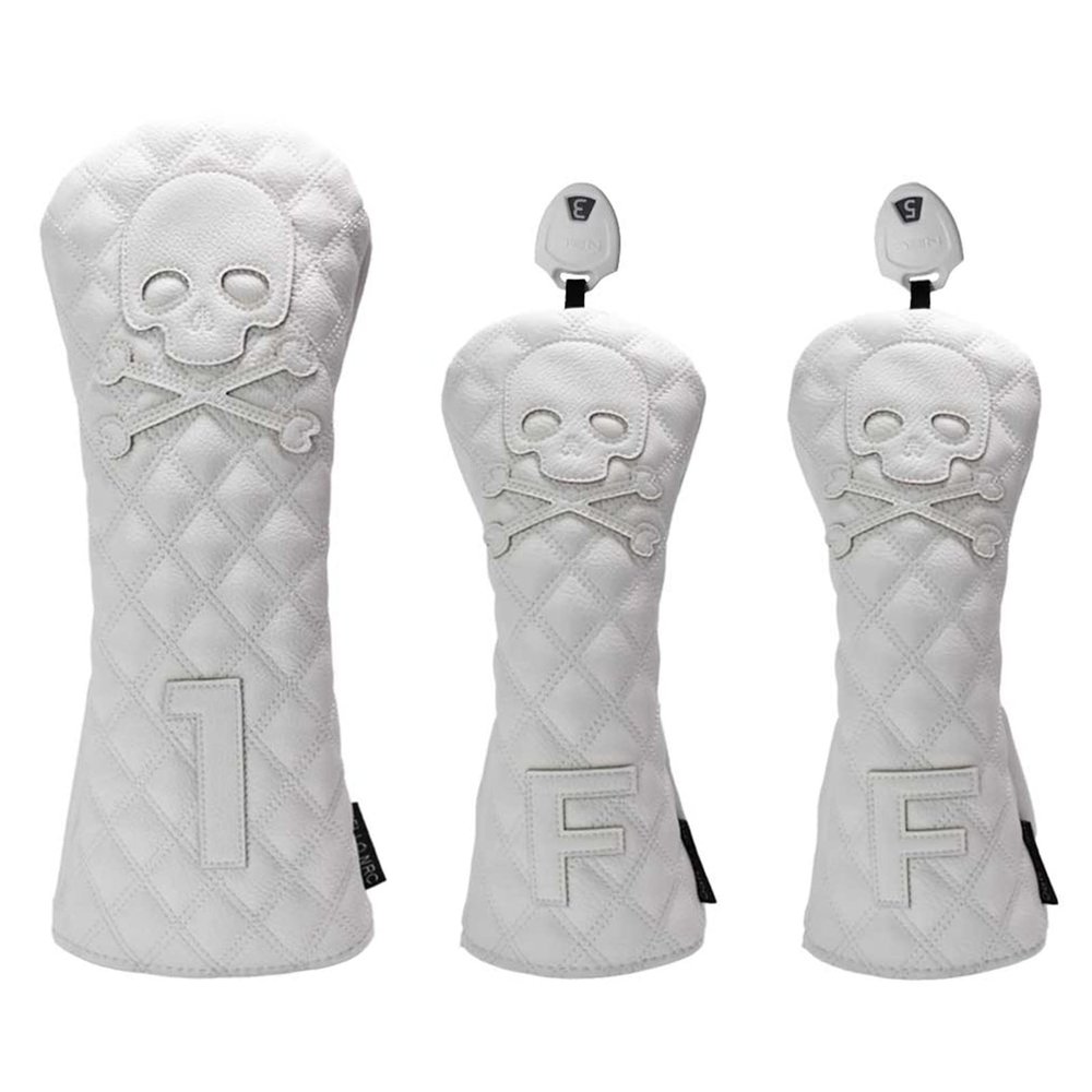 FUUBAMB00 3/4Pcs Golf Club Cover for Driver Fairway Hybrid Waterproof Diamond Lattice Skull Protector Set PU Leather Soft Durable Golf Head Covers,White,3PCs