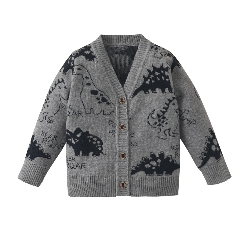 Toddler Boys Sweater Kids Casual Dinosaur Button Up V Neck Knitted Cardigan Jacket Long Winter (Grey, 18-24 Months)