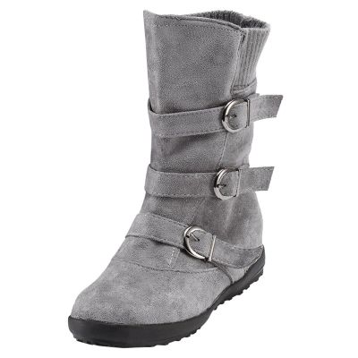 oiangi Wide Calf Boots for Women Suede Round Toe Three Straps Buckle Zipper Flat Non-slip Mid Calf Snow Boots Fall Winter Casual Outdoor Warm Shoes