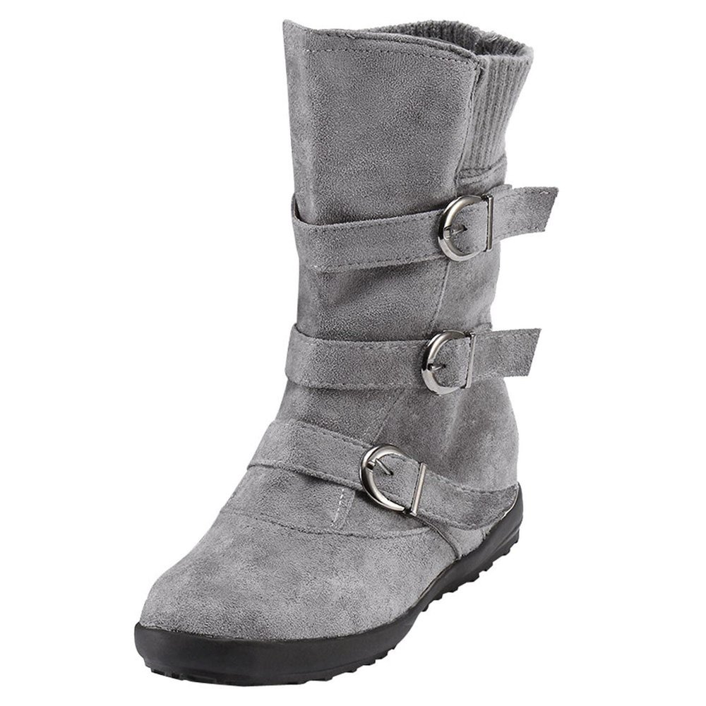 oiangi Wide Calf Boots for Women Suede Round Toe Three Straps Buckle Zipper Flat Non-slip Mid Calf Snow Boots Fall Winter Casual Outdoor Warm Shoes