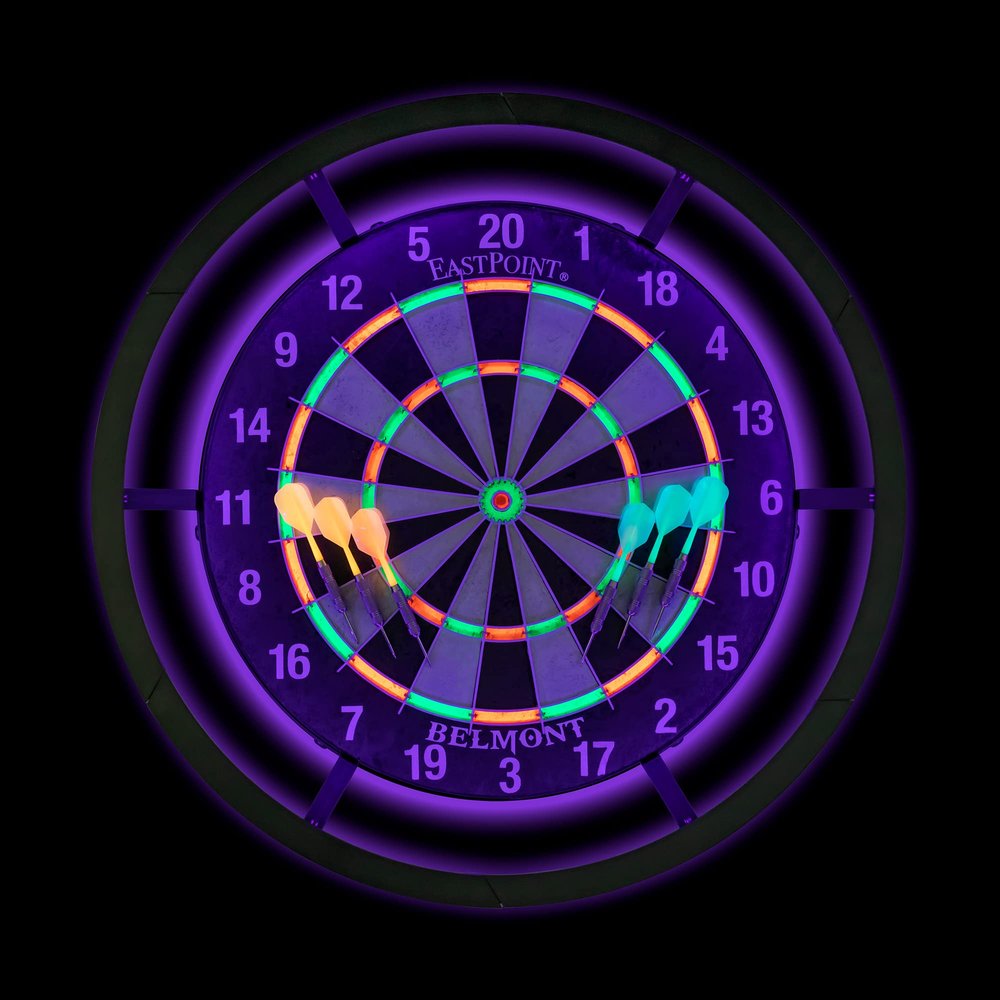 EastPoint Blacklight Dartboard - 18-Inch, 6 Steel Tip Darts - Official Bristle Board for Game Room - Blacklight Ring & Flights for Man Cave Decor - Staple-Free Bullseye for Bar Games