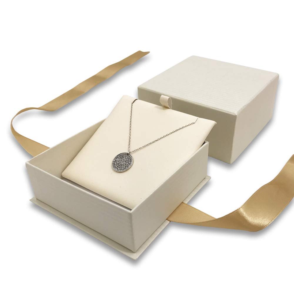 N'icePackaging - 1 Qty Elegant 2-Piece Ivory Pinstripe Pendant Jewelry Gift Box w/Cream Insert a pre-affixed Light Golden Ribbon