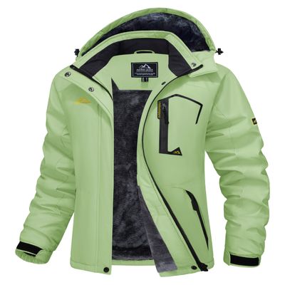 MAGCOMSEN Women Snow Jacket Waterproof Insulated Ski Jackets Fleece Lined Warm Winter Coats with Hood Windbreaker Light Green 2XL