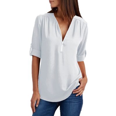 PBNBP Women's Casual Loose Fit Blouse Cuff Sleeve Solid Color V Neck Daily Tops Half Zip Chiffon Long Sleeve Summer Fall Shirts Blusas
