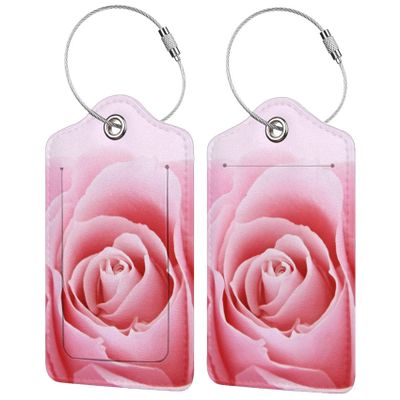 2 Pack Pink Rose Luggage Tags for Suitcases, Pretty Flower Leather Suitcase Backpack Bag Tags Identifiers with Privacy Cover Name Address Labels & Durable Steel Loop for Women Girls Travel