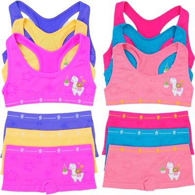 ToBeInStyle Girl's Pack of 6 Racerback Bras & Matching Boyshort Bottoms - Hungry Alpaca - Medium