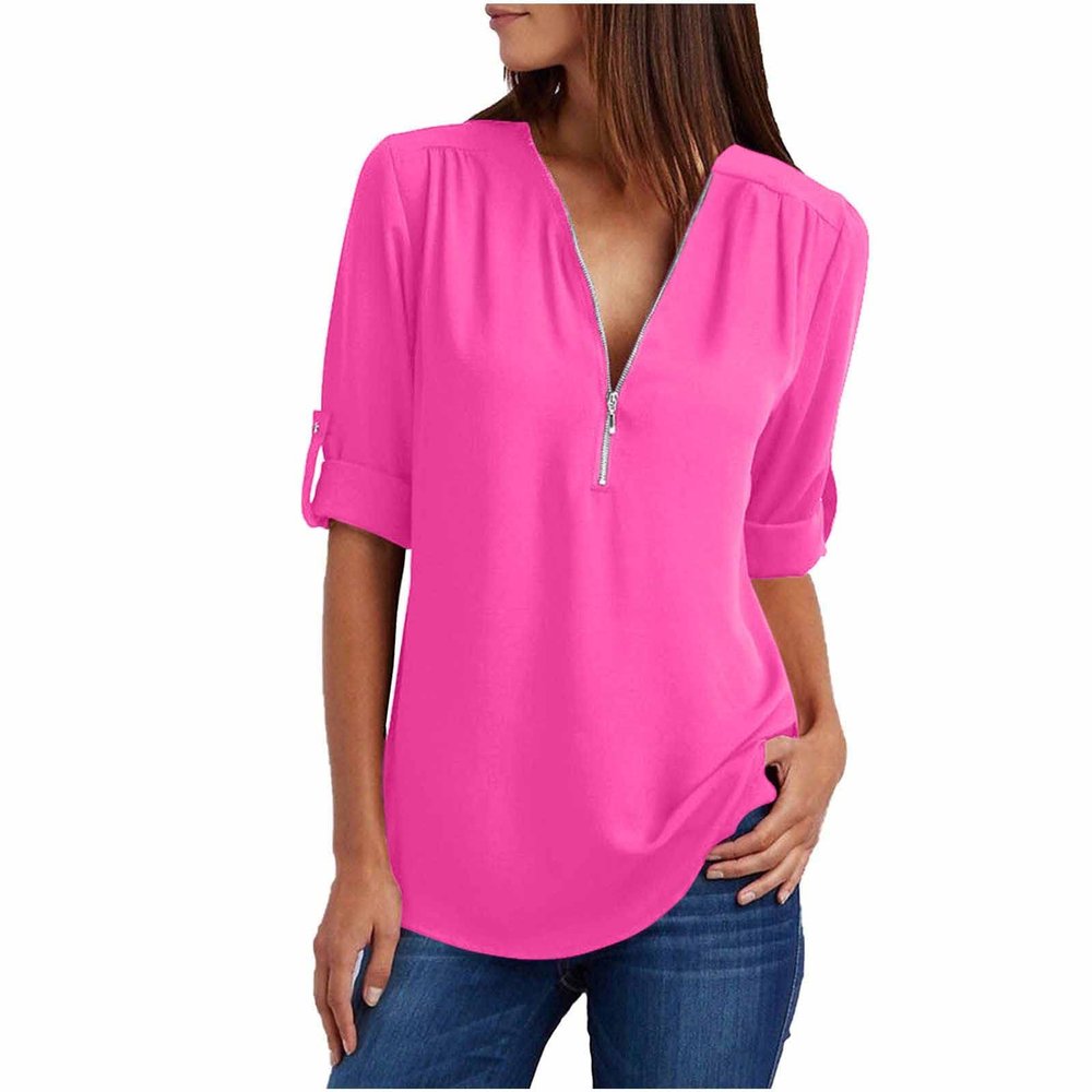PBNBP Women's Casual Blouse Cuff Sleeve Daily Long Sleeve Summer Fall Solid Color Tops Half Zip Chiffon V Neck Loose Fit Shirts Blusas