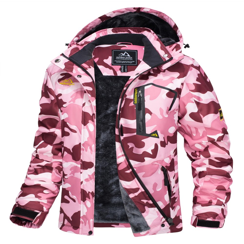 MAGCOMSEN Ski Jackets for Women Waterproof Insulated Snow Jackets Thermal Fleece Lined Winter Coats Pink Camo Windbreaker, S