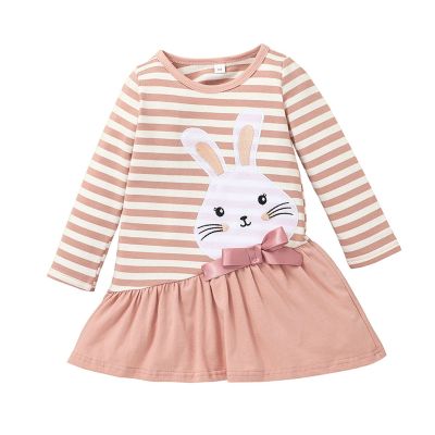 Cartoon Striped Toddler Easter Girls Princess Sleeve Long Printed Baby Dress Rabbit Tee Shirt with (Pink, 12-18 Months)