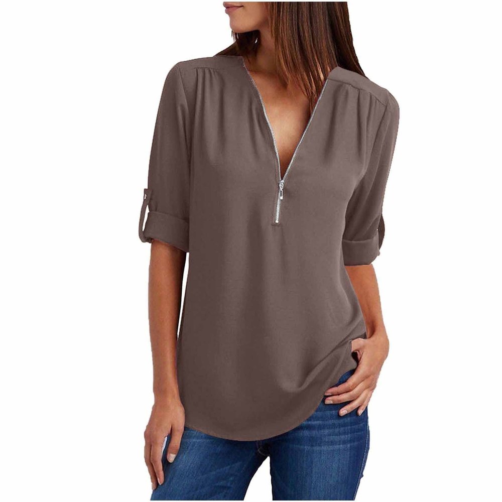 PBNBP V Neck Daily Shirts for Women Chiffon Cute Summer Fall Solid Color Tunic Tops Half Zip Cuff Sleeve Loose Fit Long Sleeve Blouse Blusas