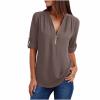 PBNBP V Neck Daily Shirts for Women Chiffon Cute Summer Fall Solid Color Tunic Tops Half Zip Cuff Sleeve Loose Fit Long Sleeve Blouse Blusas