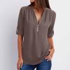 PBNBP V Neck Daily Shirts for Women Chiffon Cute Summer Fall Solid Color Tunic Tops Half Zip Cuff Sleeve Loose Fit Long Sleeve Blouse Blusas view 2