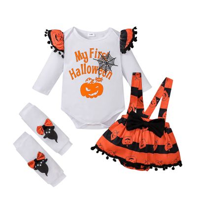 DOMOABEI My First Halloween Baby Girl Outfits Newborn 1st Halloween Ruffle Romper Pumpkin Suspender Skirt Ghost Leg Warmers 6-9 Months