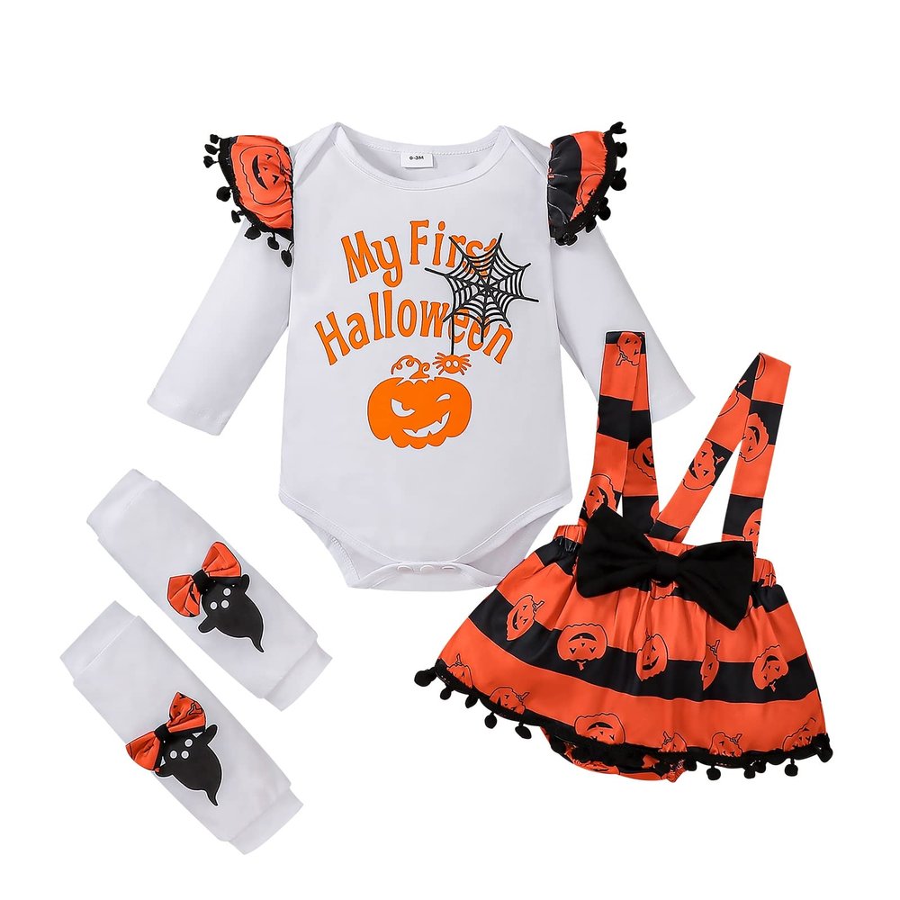 DOMOABEI My First Halloween Baby Girl Outfits Newborn 1st Halloween Ruffle Romper Pumpkin Suspender Skirt Ghost Leg Warmers 3-6 Months