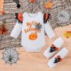 DOMOABEI My First Halloween Baby Girl Outfits Newborn 1st Halloween Ruffle Romper Pumpkin Suspender Skirt Ghost Leg Warmers 3-6 Months view 4