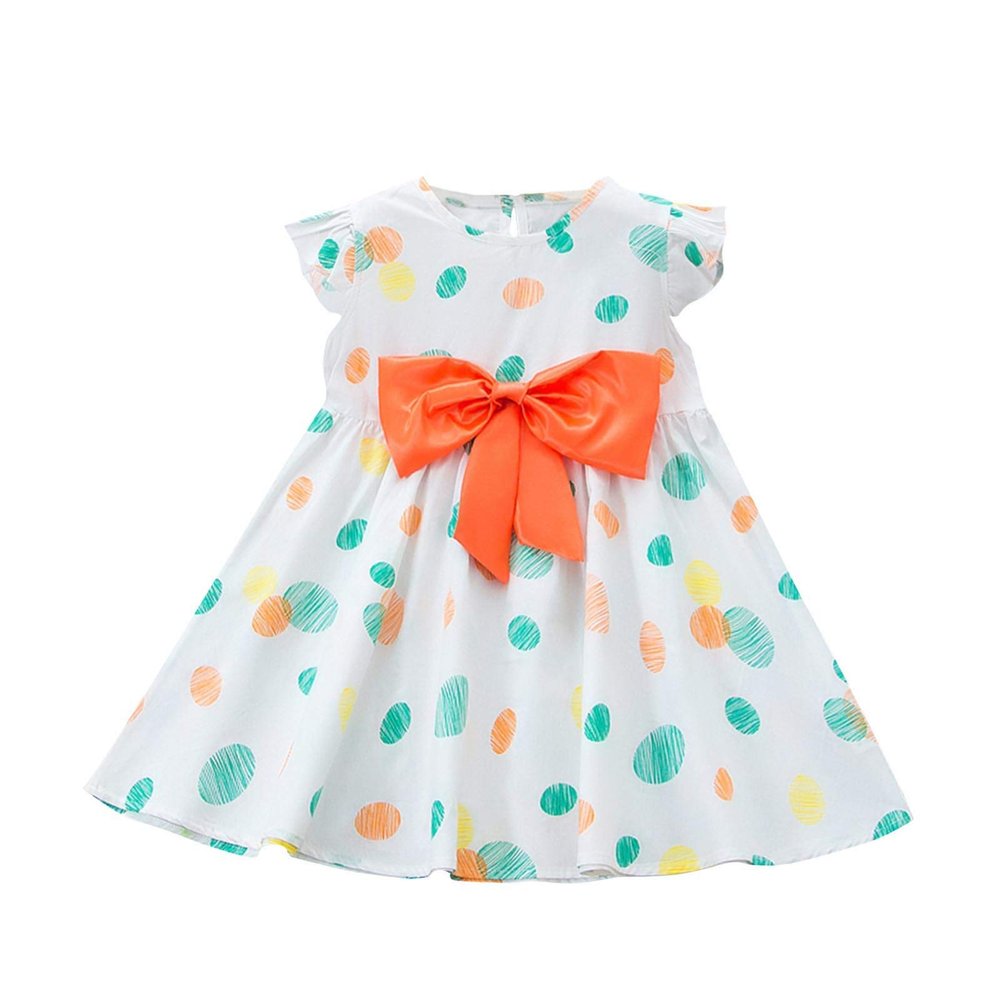 Baby Toddler Polka Casual Girls Kids Dress Party Bowknot Print Dot Princess Girls Dress&Skirt and (Orange, 12-18 Months)