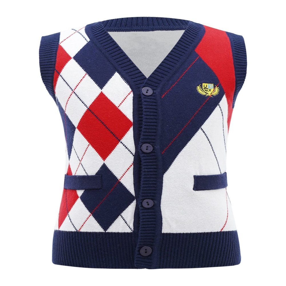 easyforever Kids Boys Girls School Uniform Knitted Vest V Neck Button Crochet Knitwear Cardigan Vest Sweater Waistcoat Navy Blue 5-6 Years