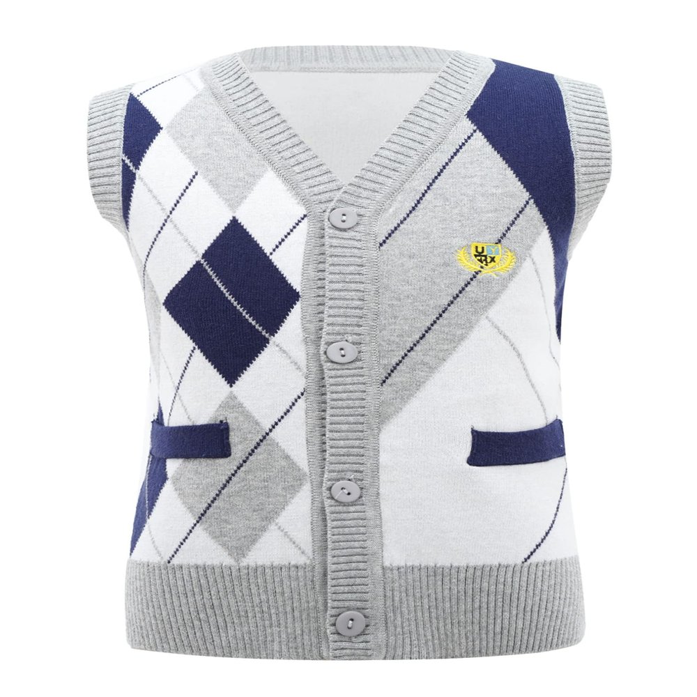 easyforever Kids Boys Girls School Uniform Knitted Vest V Neck Button Crochet Knitwear Cardigan Vest Sweater Waistcoat Grey 13-14 Years