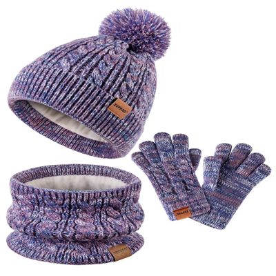 Kids Winter Hat Gloves Scarf Set,Girls Hats Beanie with Pom Knit Neck Warmer Gaiter Mittens Fleece Lined,Girls Accessories Cold Weather Set for Toddler Children BoysPurple Mix
