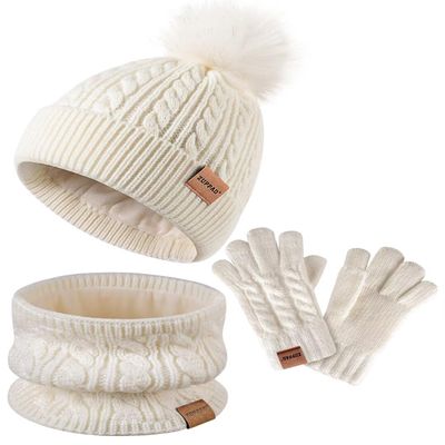 Kids Winter Hat Gloves Scarf Set,Girls Hats Beanie with Pom Knit Neck Warmer Gaiter Mittens Fleece Lined,Girls Accessories Cold Weather Set for Toddler Children BoysIvory