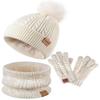 Kids Winter Hat Gloves Scarf Set,Girls Hats Beanie with Pom Knit Neck Warmer Gaiter Mittens Fleece Lined,Girls Accessories Cold Weather Set for Toddler Children BoysIvory view 1