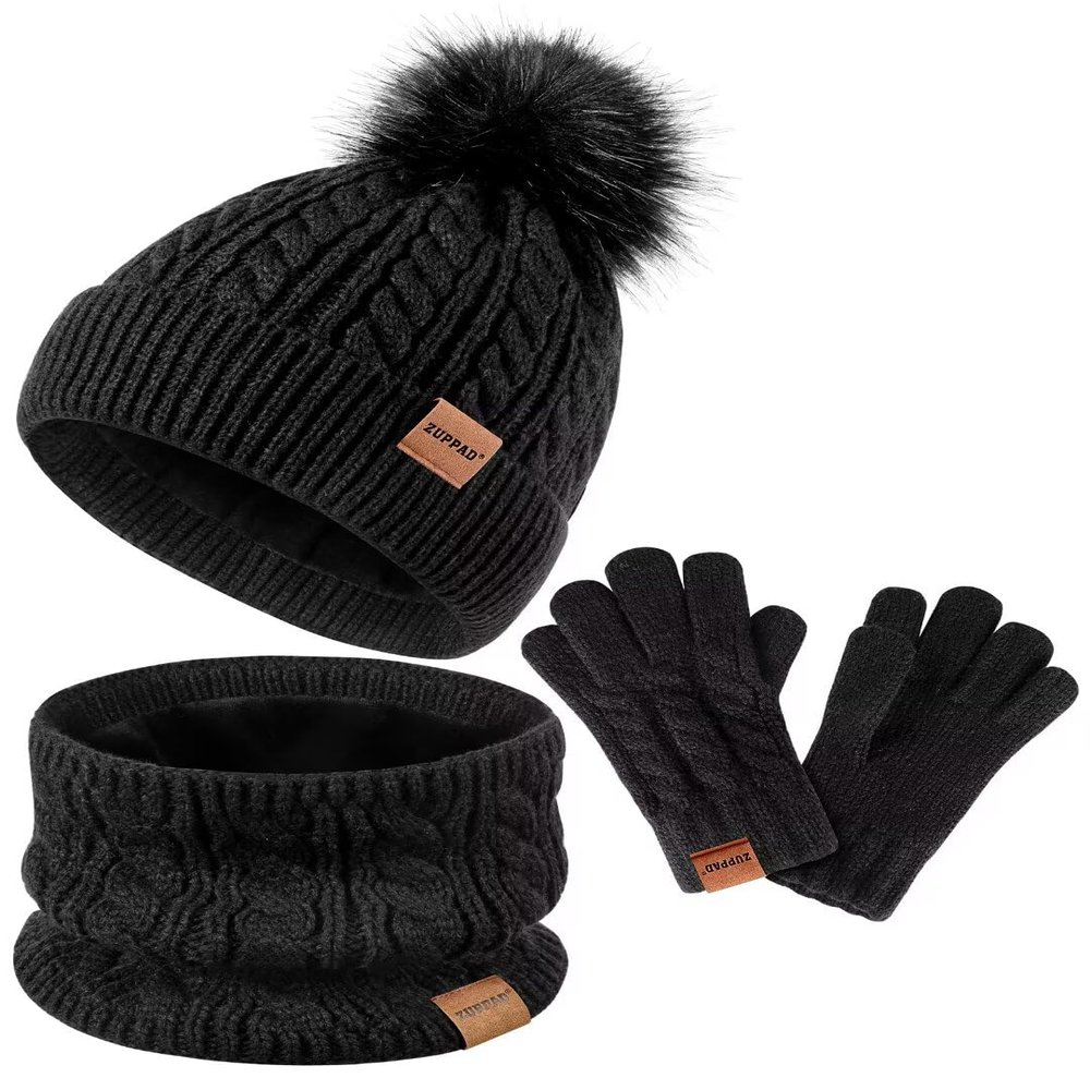 Kids Winter Hat Gloves Scarf Set,Girls Hats Beanie with Pom Knit Neck Warmer Gaiter Mittens Fleece Lined,Girls Accessories Cold Weather Set for Toddler Children BoysBlack