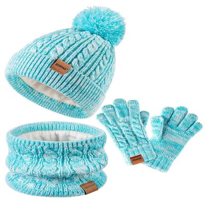 Kids Winter Hat Gloves Scarf Set,Girls Hats Beanie with Pom Knit Neck Warmer Gaiter Mittens Fleece Lined,Girls Accessories Cold Weather Set for Toddler Children BoysMint Green Mix