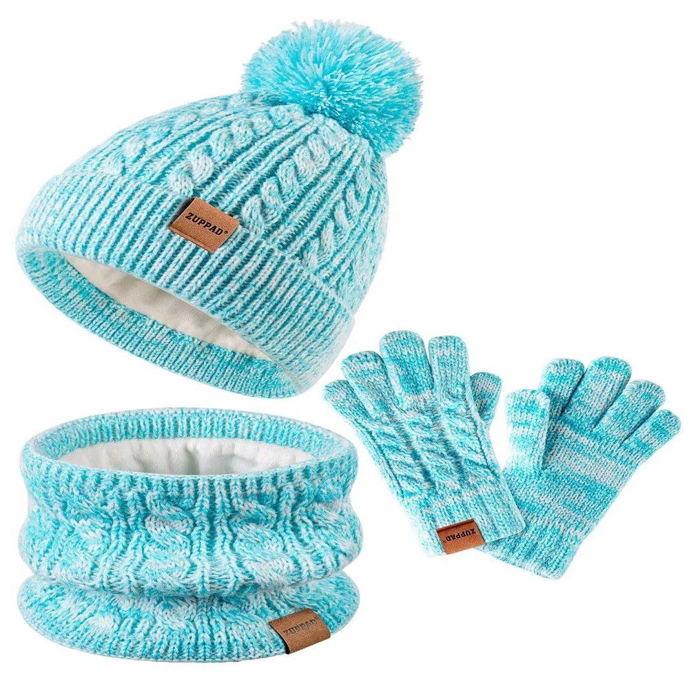 Kids Winter Hat Gloves Scarf Set,Girls Hats Beanie with Pom Knit Neck Warmer Gaiter Mittens Fleece Lined,Girls Accessories Cold Weather Set for Toddler Children BoysMint Green Mix