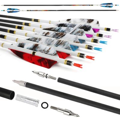 surwolf 31" Pure Carbon Arrows Archery Hunting Arrows 250 300 350 400 500 600 Spine with Natural Feather Fletched Targeting Arrows for Compound&Recurve&Long Bow 6/12 Pack (12, Blue, Spine 300)