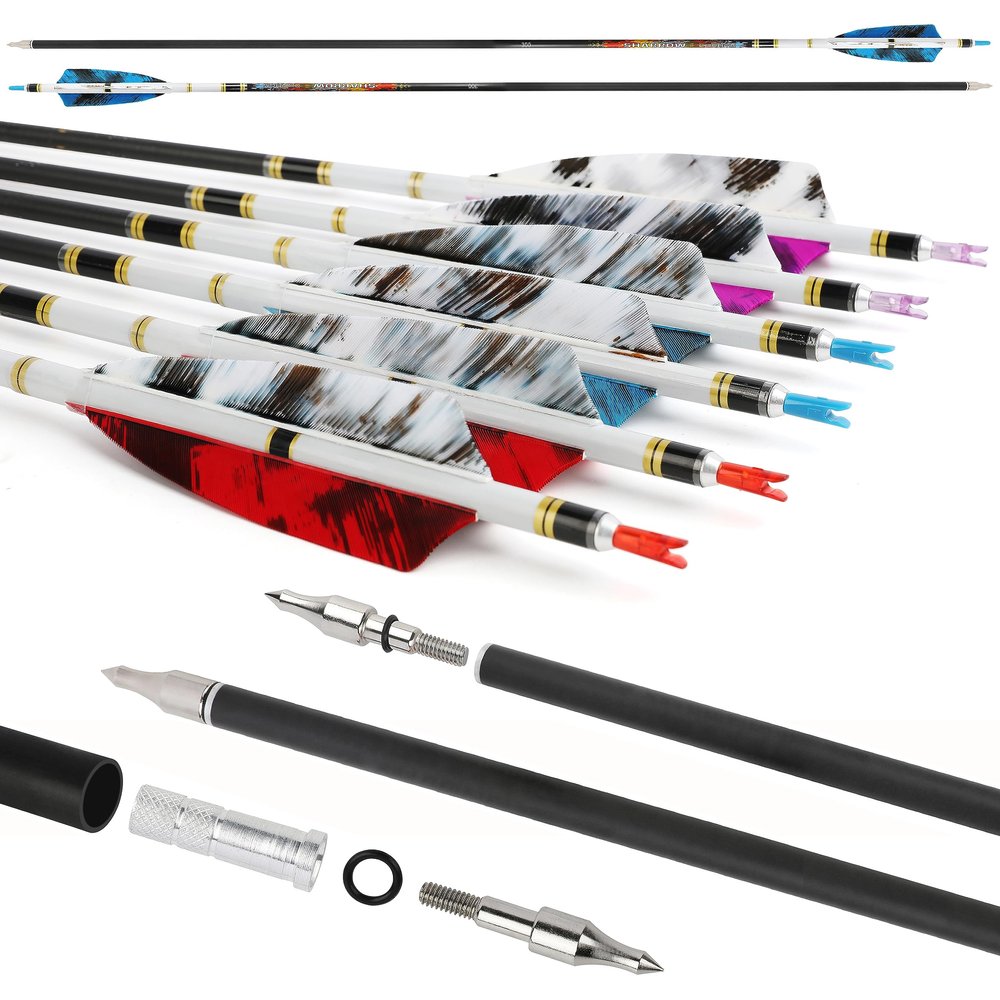 surwolf 31" Pure Carbon Arrows Archery Hunting Arrows 250 300 350 400 500 600 Spine with Natural Feather Fletched Targeting Arrows for Compound&Recurve&Long Bow 6/12 Pack (12, Blue, Spine 300)