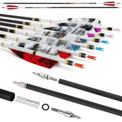 surwolf 31" Pure Carbon Arrows Archery Hunting Arrows 250 300 350 400 500 600 Spine with Natural Feather Fletched Targeting Arrows for Compound&Recurve&Long Bow 6/12 Pack (12, Red, Spine 500)