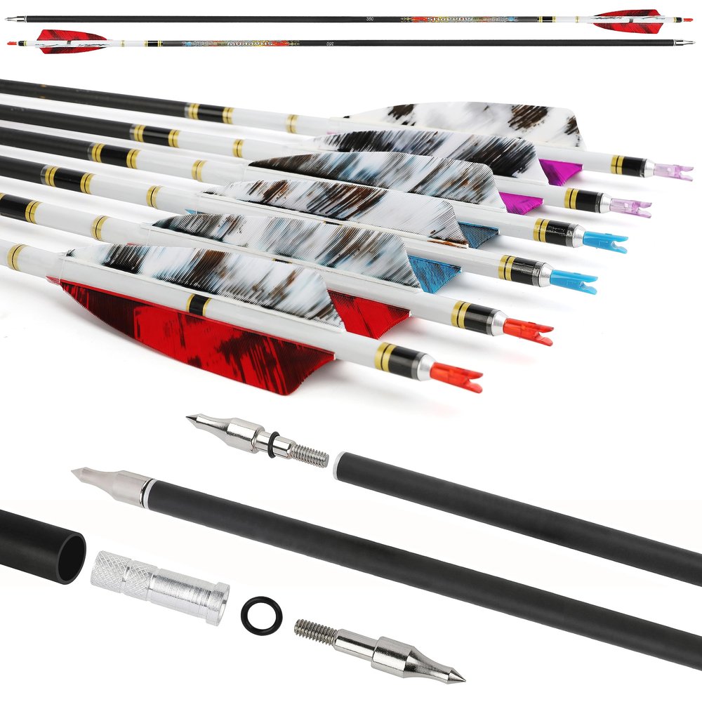 surwolf 31" Pure Carbon Arrows Archery Hunting Arrows 250 300 350 400 500 600 Spine with Natural Feather Fletched Targeting Arrows for Compound&Recurve&Long Bow 6/12 Pack (12, Red, Spine 500)