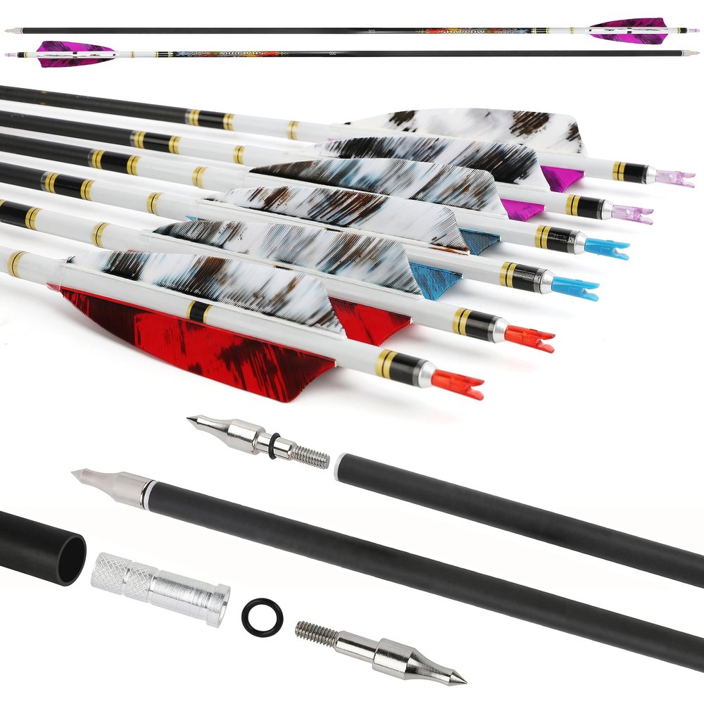 surwolf 31" Pure Carbon Arrows Archery Hunting Arrows 250 300 350 400 500 600 Spine with Natural Feather Fletched Targeting Arrows for Compound & Recurve & Long Bow 6/12Pack (12, Purple, Spine 350)